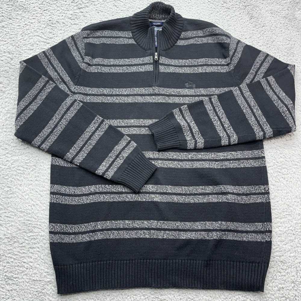 American Rag‎ Knit Sweater Mens 2XL Gray Black Striped 1/4 Zip Mock Neck Preppy